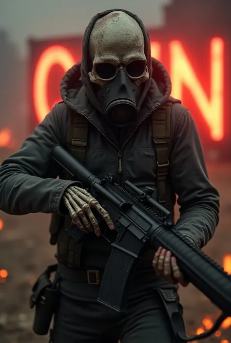  Skull with gas mask holding a rifle, wearing a gas mask ,  apocalyptic background , Fire on the ground, Highlight on the word "QRTN" in the background in red , Fire on the ground 