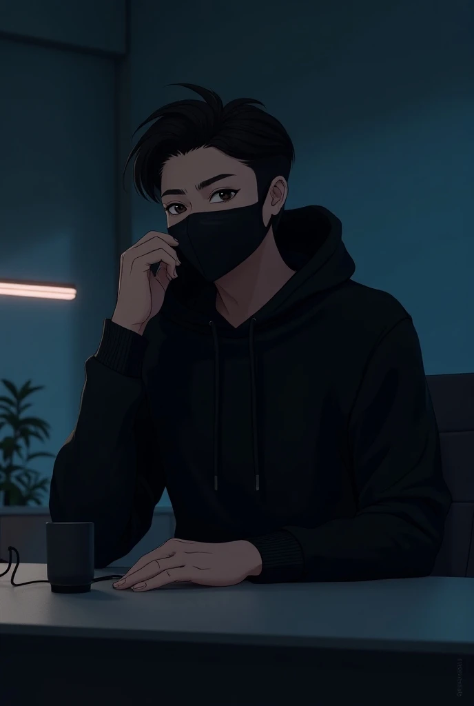  Create an anime-inspired male business character with a handsome and smart appearance. He has a well-defined face, wearing a sleek black face mask and a black hoodie. The character is seated at a modern desk in a minimalist office setting, with his arms r...