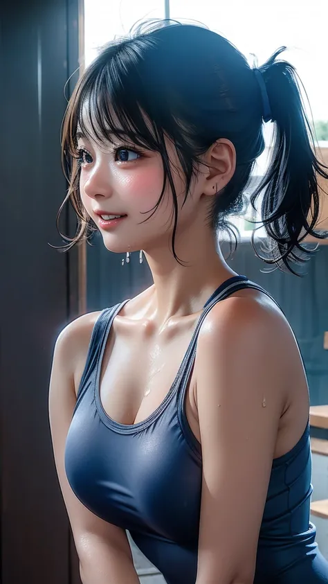 ((Shooting from the side))、((Breast bag))、Best Quality、 私n high resolution、   detailed background 、     every detail of my beautiful face   、 Go-down mans nose 、 [Photo details、Teenage Beauty、   ponytail、   bob cut、  3 beautiful girls who are wet  ,   enjo...