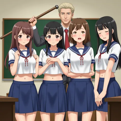  Group of Woman in front of classroom, ((white crop top sailor suit)), blue student skirts, open navel, open belly, (show abdomen area), ((arms crossed over chest)), crying, standing , (((spanking by a man holding a disciplinary cane)))