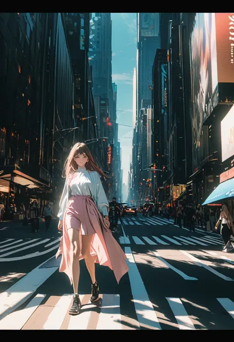 A beautiful girl walking in New York City, wearing fashionable apparel, natural lighting, cinematic composition, professional color grading, 32k, atmospheric