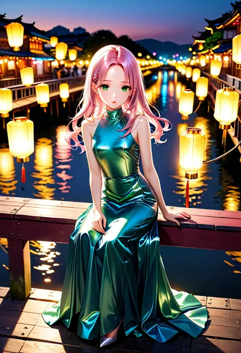 ((Floating Lanterns:1.8、Sitting on the river pier :1.5))、((Chibi:1.5)), ((((Taken obliquely from behind :1.5、from behind:1.5)), back view:1.5, looking back)),  one girl playing pranks, ((Top Models:1.5))、Best Quality, masterpiece,  super high definition, (...