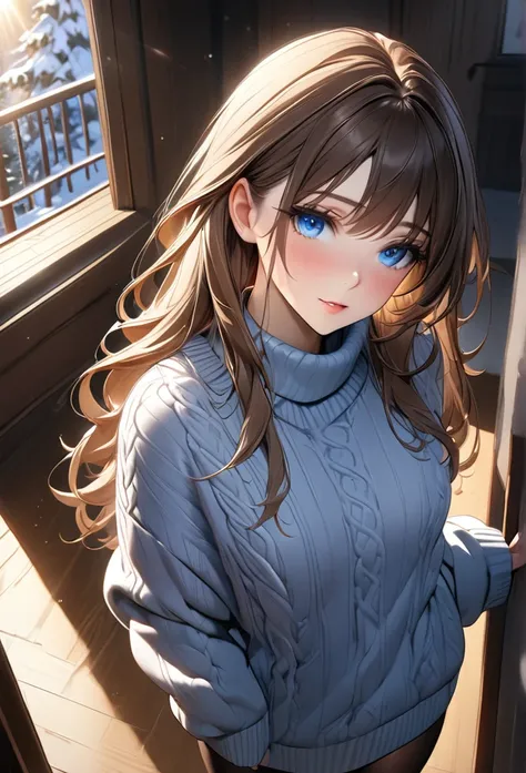 masterpiece,  Ultra HD,   super high definition, Best Quality, Selected quality ,
 1 girl, Brown Hair, Long Hair,  blue eyes, winter sweater,
upper body,
Flare Lens, Perfect Contract of Light and Shadow, View, Black pantyhose