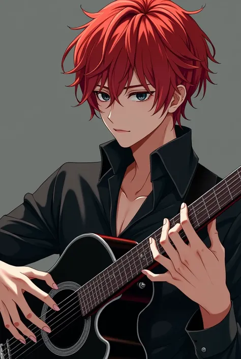  Man playing a black guitar (beautiful hands ) with short red hair, anime-style black eyes 