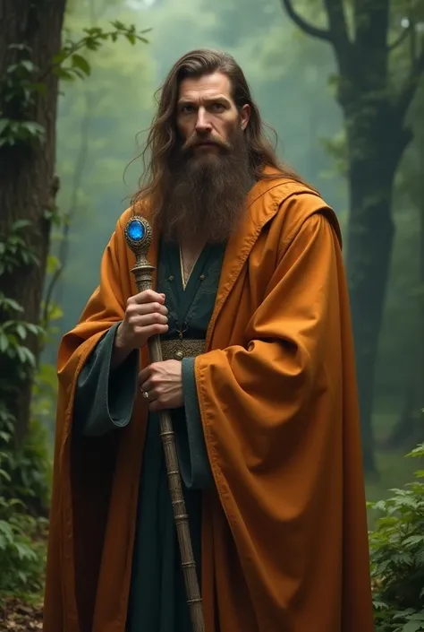 (ultra realistic,  high quality ,  ) 188cm tall ,  with a short brown beard , brown eyes,  with a long brown hair ,  high resolution image ,  looking quite powerful ,  with arched nose ,  wearing a pale orange silk wizard robe ,  holding a scepter decorate...