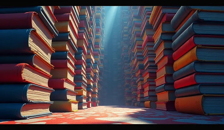 library in piles of books low angle vibrant colors 