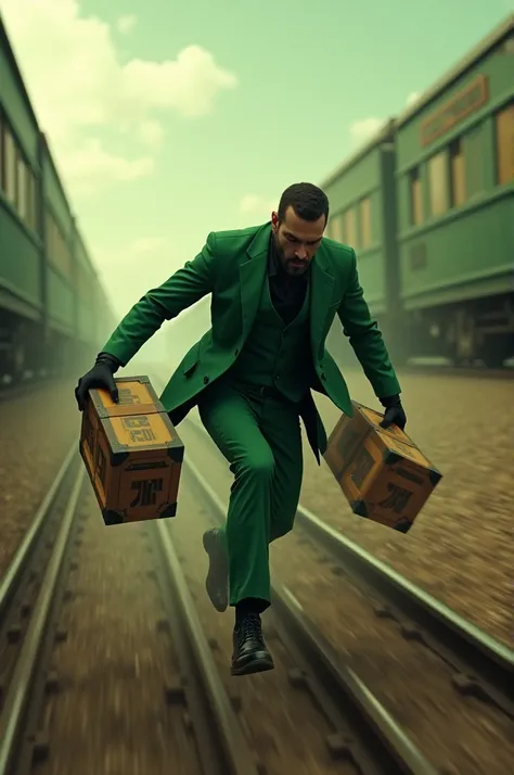 A man in a green suit stoling crates from running train and loading in the running car behind the train