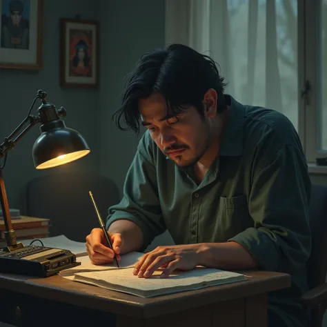 Man in his thirties with two-block hairstyle, slightly fat ,  writing a sad song, a song is playing on a cassette player on his desk