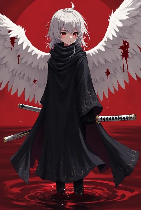 A young boy with a feminine face and long gray hair ,  dressed in a long black cloak and with large white wings with blood stains, standing in the middle of the scarlet ocean , holding a detailed katana with a sparkling blade and a white handle with black ...