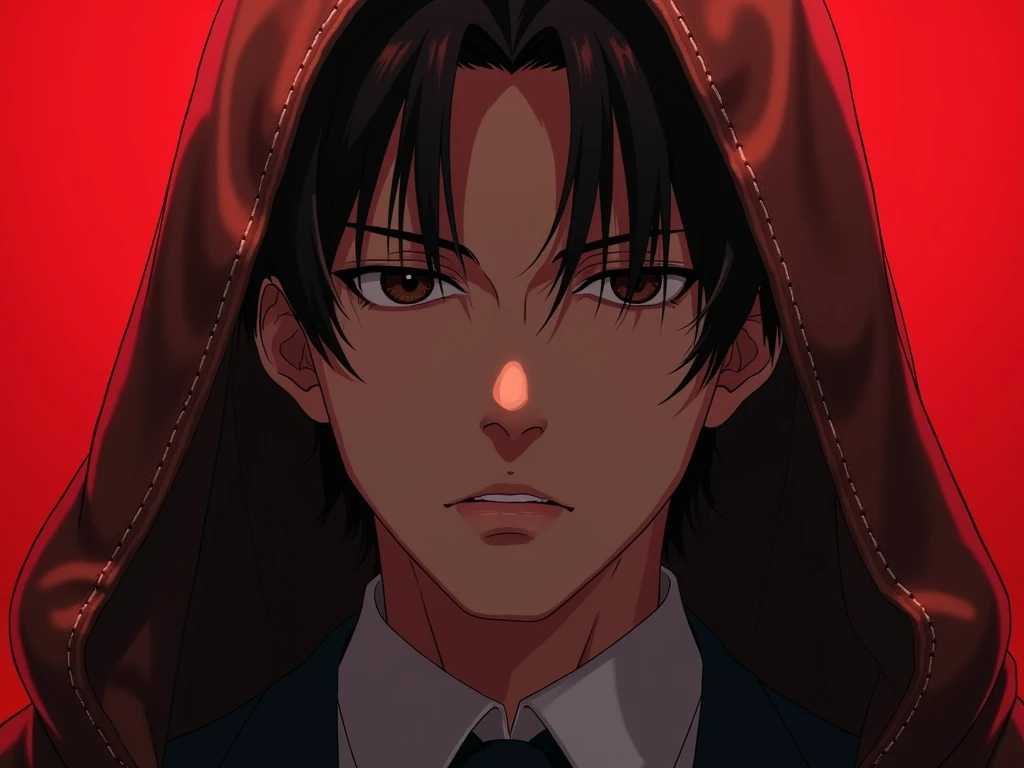 Leather cover, The face of a serious Korean man in a suit. Facing approximately 45 degrees, Age 32, semi-realistic anime, The outside was engulfed by a blood red hue