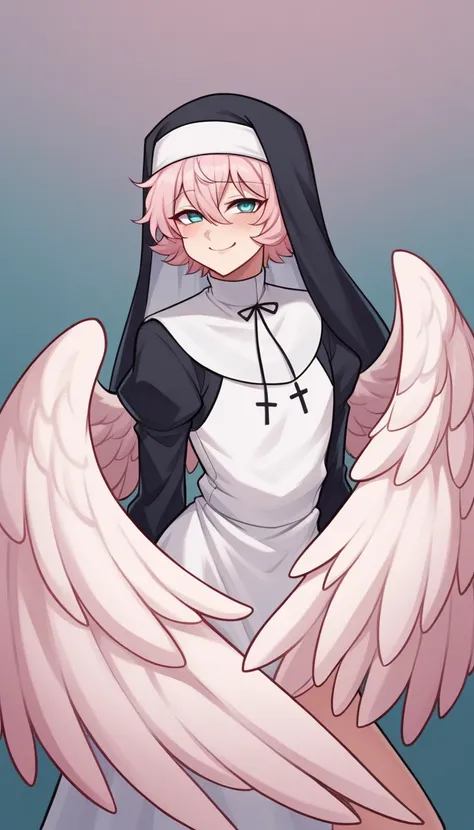   best quality ,  very detailed illustration, ( seraph angel boy :1,7), wings, wings на голове, disheveled fluffy hair of soft pink color,  beckon a playful look, Slim,  perfect body, простой Drawing, Artifyber style, Drawing, pastel flat colors, Cute,  ca...