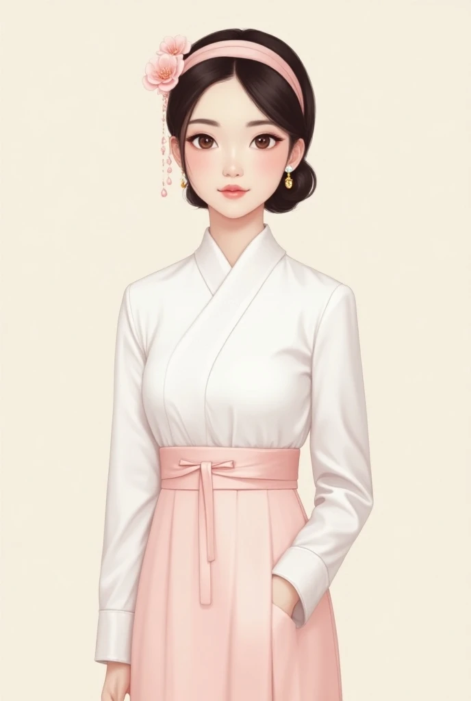  Give me a design picture of a white retro Vietnamese tunic , cross collar ,  with a pink silk band tied at the waist with a pink traditional headband.