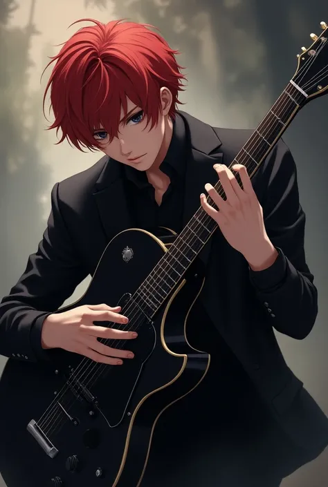 Homem tocando uma guitarra preta (maos bonitas, 4 dedos e um polegar em cada mao, faz uma mao muito bonita tocando a guitarra) com cabelo curto vermelho, olhos pretos estilo anime cetus bring a high amount of detail with a fantastical point-like style with...