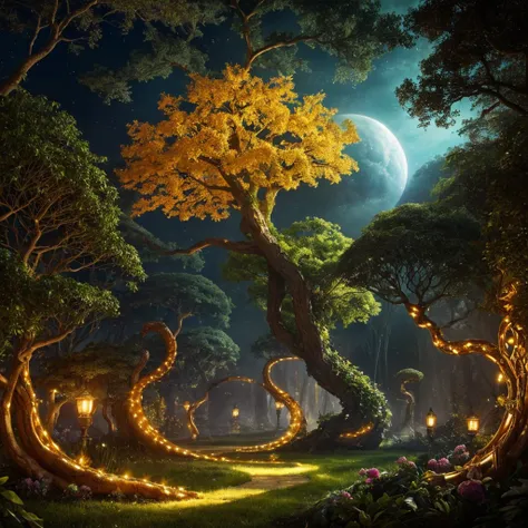 An otherworldly scene illustrating the pivotal cause of humanity’s fall at the dawn of creation. Imagine a mythical garden filled with ancient trees and vibrant flowers, bathed in golden, almost magical light. At the heart of the garden, a massive, twisted...