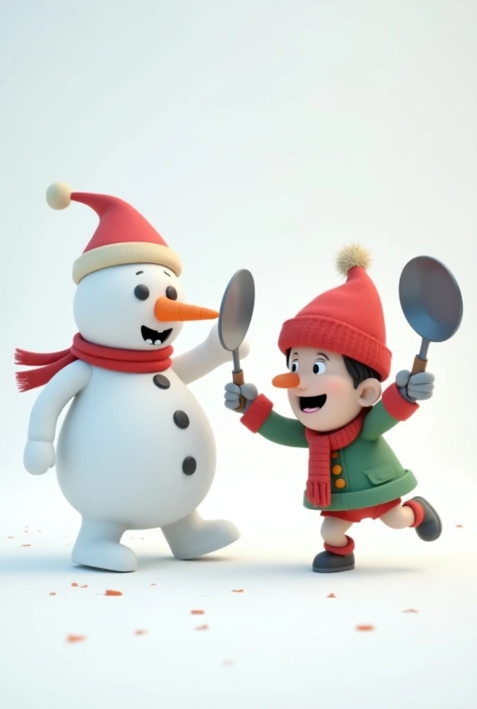 Style cartoon 3d. Hamburger fight between a snowman and a  who has a red hat on his head and a red scarf around his neck who protects his face with a frying pan. The background is white. 