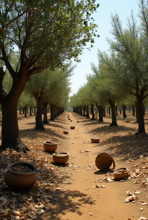 Forgotten Orchard with Dying Trees in Tunisia: A neglected orchard in Tunisia with trees that are withering and unpruned, some leaning or fallen. Broken fruit baskets and scattered leaves add a sense of disuse and lost harvest.