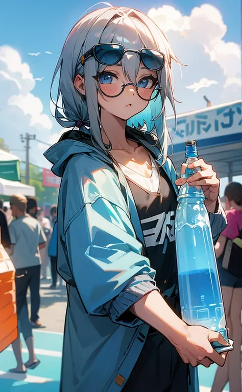 Summer Festival，Gray Hair， blue eyes， HOODIE，Ramune，Glasses， flat chest， sunglasses