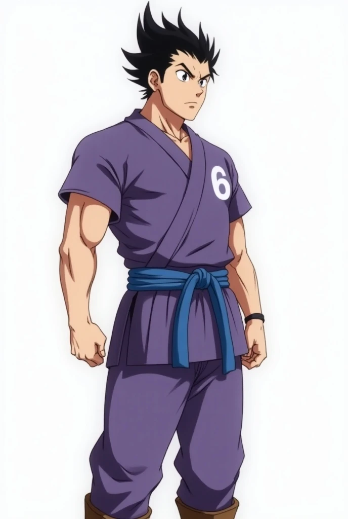  A fair-skinned adult ,  black eyes and black hair sticking upwards .  He wears a purple karate kimono worn over another sky blue short-sleeved blouse and the symbol "快" on the back.  He has strong muscles in his arms ,  on the outside is purple with a sky...