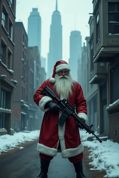 ((( A dystopian book cover photo ))) (((Dark Future ))) A man in an aggressive Santa Claus outfit ,  has a long white beard and steady glitter , Holding the M4A1 in a fighting stance, , ((( stands facing the camera angle. Amidst a dirty and gloomy little s...