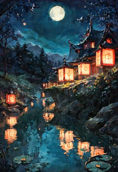 score_9, score_8_up, score_7 ((water color art: 1.5)) there is a river in the night there are floating lanterns, lanterns in many colors, in its water, the moon is in the sky, reflected in the river, there is Japanese castle near the river1there is a river...