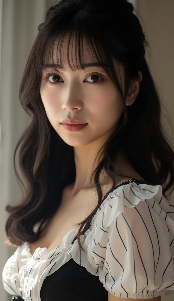 a 30-year-old east-asian woman with fair skin, medium-length wavy black hair, and deep, expressive brown eyes. she has a slender...