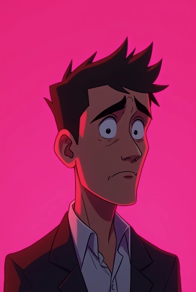 Create an animated man with a sad emotion on a pink background in high quality 