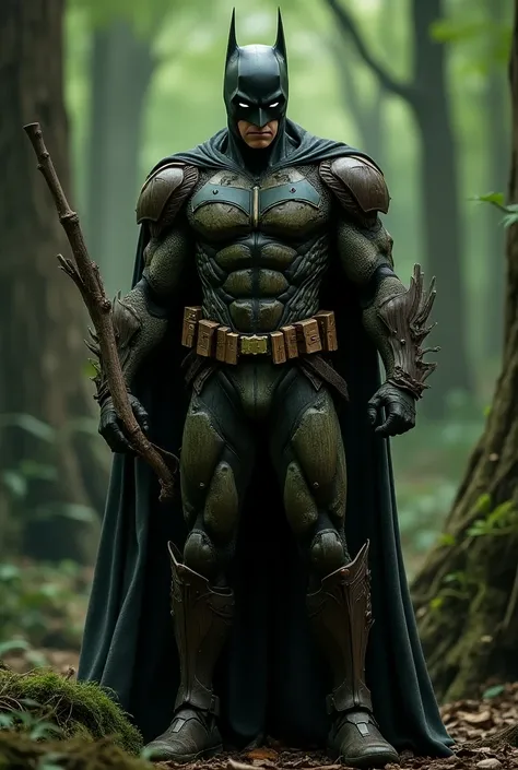 "Create a character that combines the dark, mysterious essence of Batman with the natural, organic qualities of wood. This hybrid should be a vigilante who uses the environment around them to their advantage, with abilities rooted in wood and plant life. T...