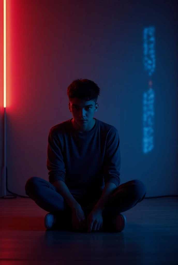 Sad boy sitting on the floor in the dark room in red and blue Nano lights 
