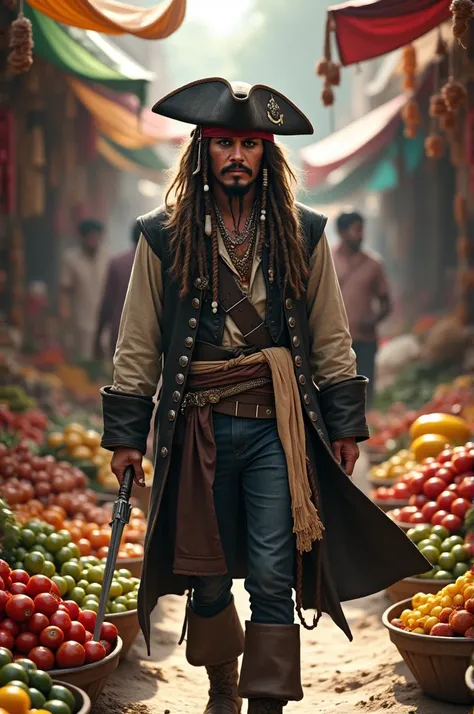 Captain Jack sparrow walking around indian vegitable market 