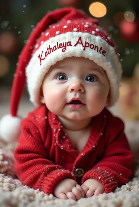 Recreate a baby wearing a Christmas hat that says Kathaleya Aponte 