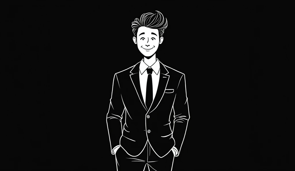 A cute man in suit, black background, white art, doodle art,