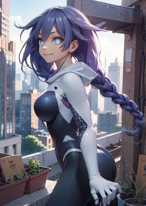 She is on a rooftop looking at a New York cityscape in a very detailed background ,  she turns her back on the image and you cant see her face she wears a Gwen hoodie and you can see her pigtails on the sides of her hood, smile,  Masterpiece picture qualit...