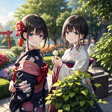 Princess、Black Hair、Wearing a kimono、Kachofuzukis kimono 、With a big grin、Hide your mouth with sense 、 like a Japanese doll、 one girl playing pranks、garden