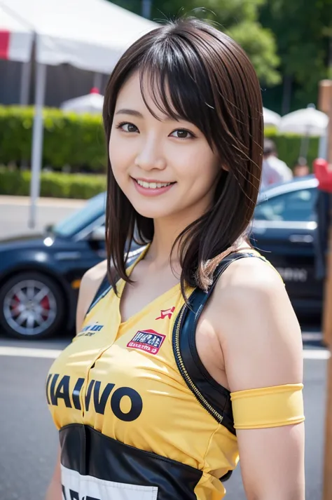 best quality, realistic, super detailed, finely,   hi-res 、 beautiful japanese women, grid girls、 race queen、raw、16k、smile、