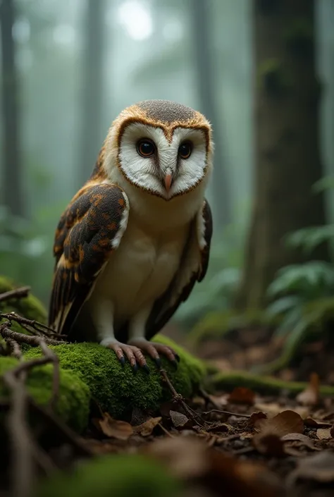 Barn Owl-Anteater Hybrid, perched on a mossy forest floor amidst fallen leaves and twisting roots, a misty and dense rainforest enveloped in morning fog, the creature has the piercing, round eyes and feathered face of a barn owl, transitioning into the elo...