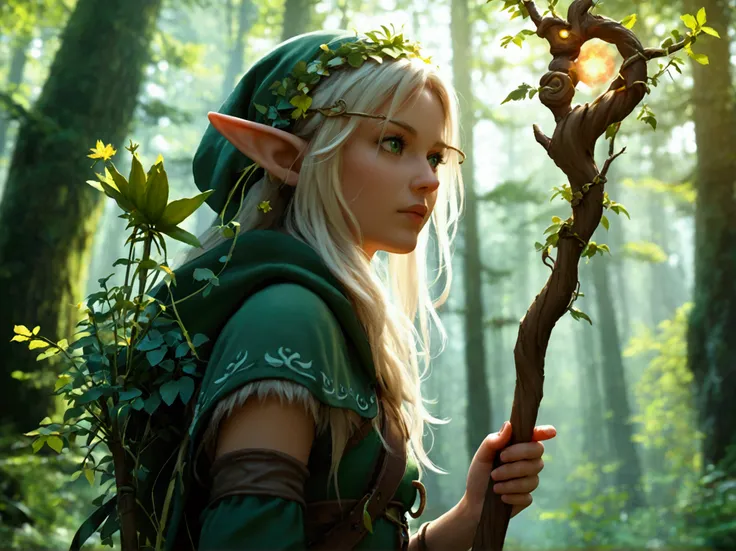 Forest elf druid, with staff, in a forest, wielding magic