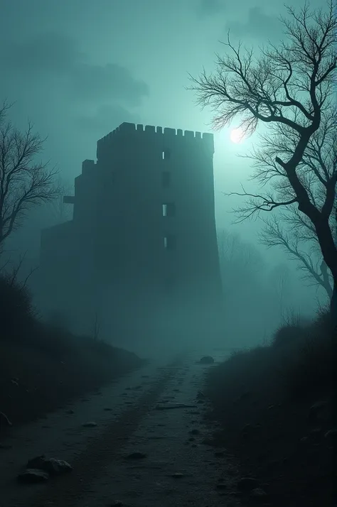 A dark, mysterious atmosphere with a view of an ancient, haunted fort in India. The fort appears deserted with shadows and dim lighting, creating an eerie feeling. A mist surrounds the fort, enhancing the haunted ambiance, while the landscape around is bar...