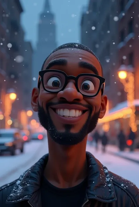  Generate for me a young black man with dark skin, shaved hair, square glasses,  a black shirt ,  looking happily forward , looking centered , estilo disney pixar, 3d, 4K, thin beard, during the christmas, neve, night, nova york