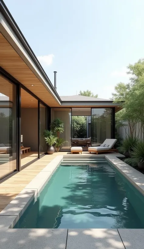 A simple modern house with clean lines, a small but stylish in-ground pool surrounded by simple wooden decking. The house has sliding glass doors that open up to the pool area, and a couple of lounge chairs sit nearby. The backyard is compact, bordered by ...