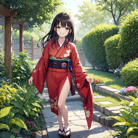 Princess、Black Hair、Wearing a kimono、Kachofuzukis kimono 、With a big grin、Hide your mouth with sense 、Im wearing 、sexy standing figure、 one girl playing pranks、garden