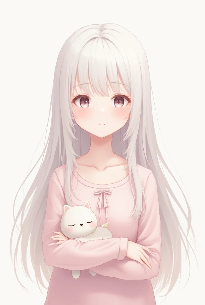  Create an anime character with long white hair ,  with fringe that covers part of the eyes .  Her eyes are small and closed , conveying an impression of sleep  ,  and the color appears to be a light shade , possibly pink .  She is dressed in a light pink ...