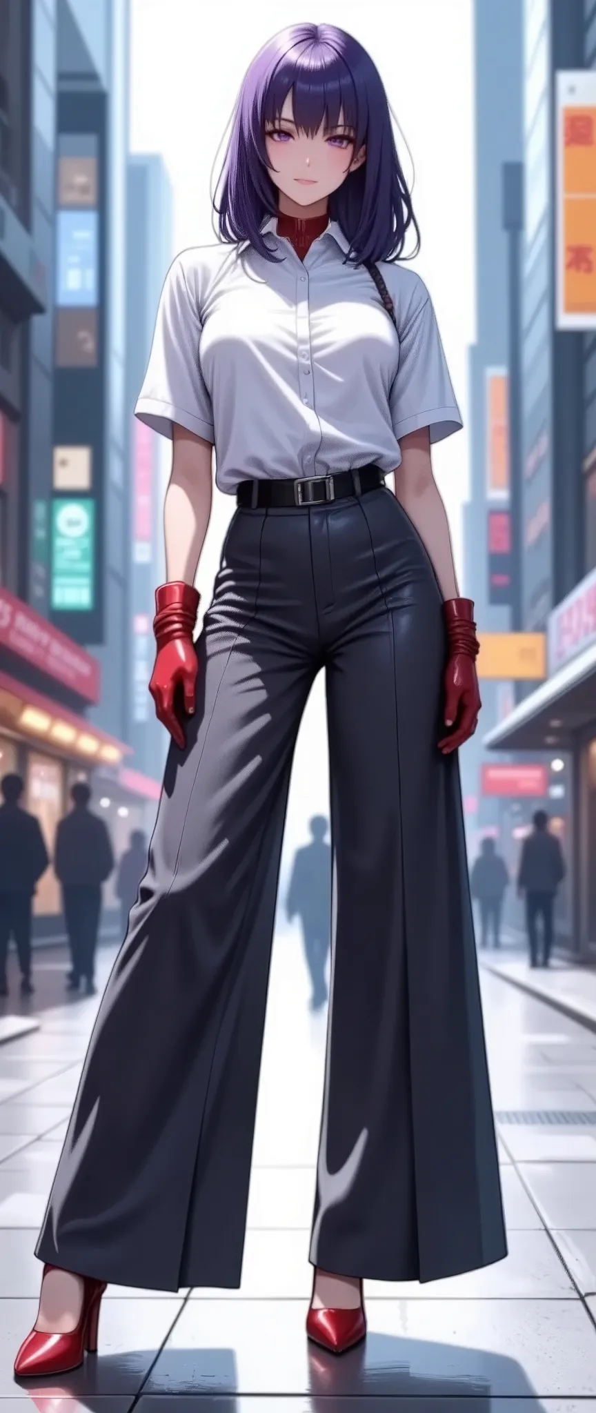 (masterpiece:1.2),(Best Quality),(Super detailed),( super high definition),( best illustration),8k, wallpaper, Beautiful Female Cyborg, cowboy shot,Vector art,Layered Textures ,progressive,SF, Cyberpunk , white blouse,charcoal grey wide pants, red high heels,(The background is a fashion district in the cyber world)