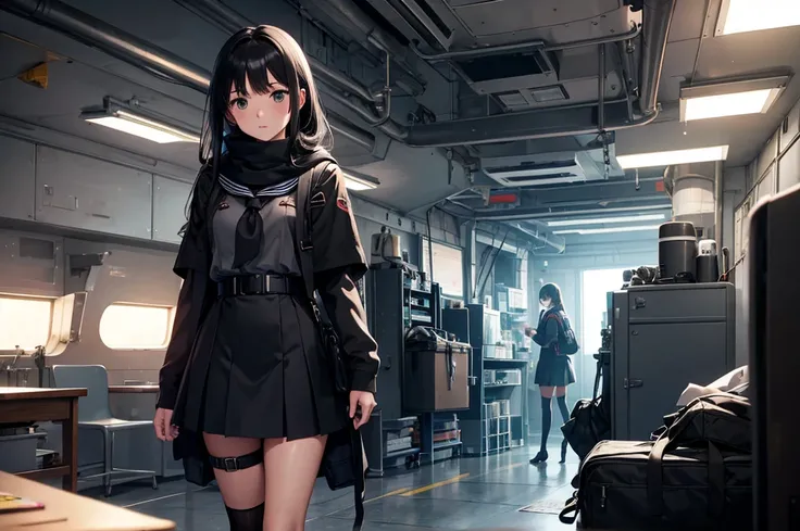 High image quality, high resolution, smooth gradation, vivid colors, Working in the Bunker in front of the submarine with many other sailors in the movie U-Boat, a scarf, a black cloak, a black student uniform, black stockings, black lace-up shoes, school ...