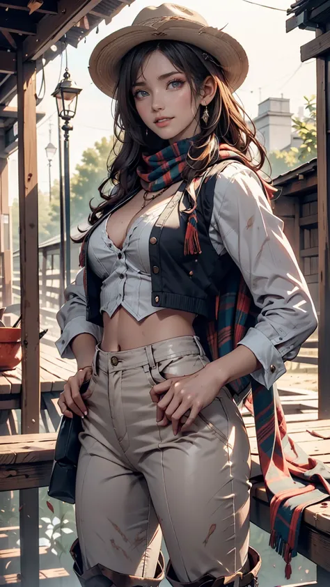 Portrait of a beautiful woman on a muddy farm:1.2 , cowboy hat, Fringed waistcoat , pants, scarf ,  Confidence  ,  middle of chest,、Place hands on hips、Riding boots、Round Whips 、smile、 Indy Jones Style 