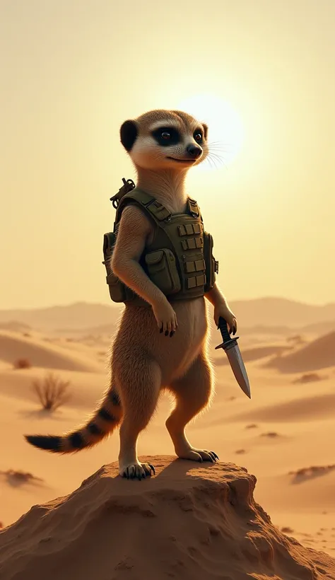  A meerkat soldier armed with a small knife and tactical vest,  watching the horizon from the top of a small desert hill , with a watchful eye , realistically portrayed .