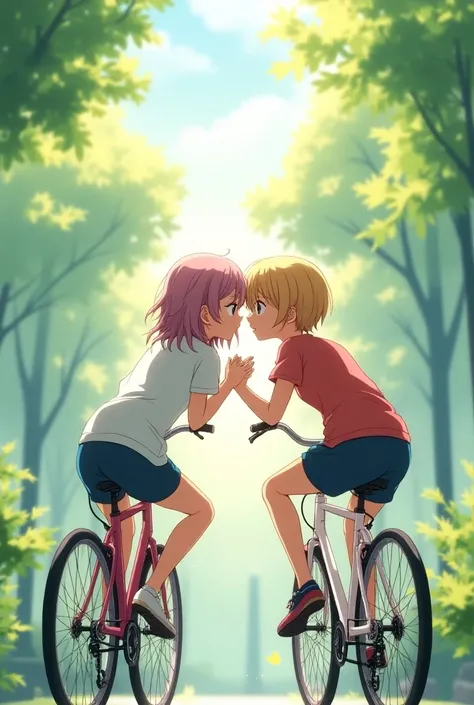 Anime-style, two girls kiss while sitting on top of bicycles, (short soccer shorts),
