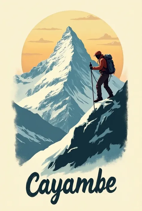 silkscreen logo of a climber climbing snowy Cayambe, with the word Cayambe ,  legible handwriting, Vintage style 