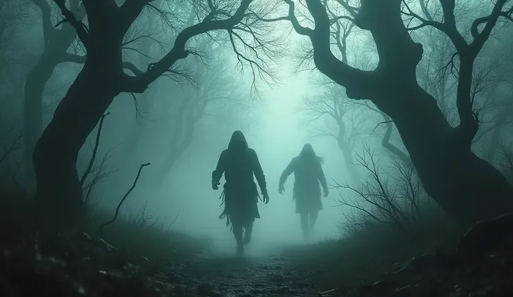 11. Image 11: A scene of them running through the dark forest, with ghostly mist swirling around.

