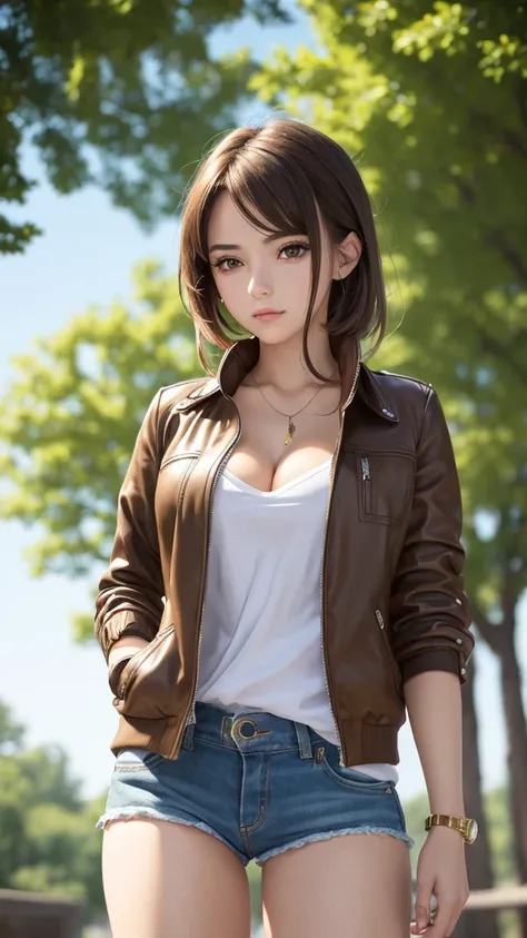 ((1girl,digital drawing style,anime style,4K,masterpiece,best quality,hyperdetailed:1)), goddess, very beautiful, 25 years old, she is a college student, statuesque body, perfect figure, short brown hair, breasts, cleavage, wearing shirt and jacket, short ...