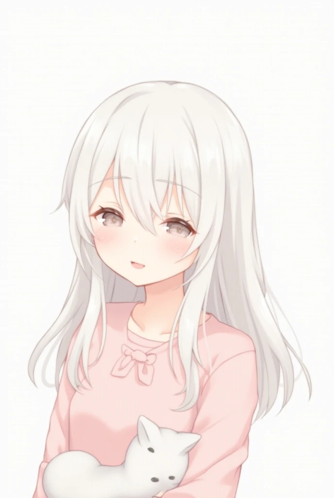  Create an icon of an anime character with long white hair,  with fringe that covers part of the eyes .  Her eyes are small and closed , conveying an impression of sleep  ,  and the color appears to be a light shade , possibly pink .  She is dressed in a l...